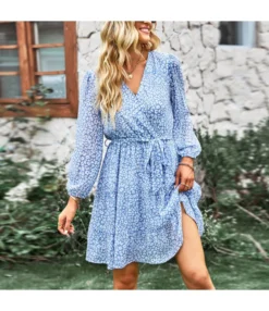 Floral Print Long Sleeve Tie-Up Waist Swing Dress Wholesale Dresses SDN535294