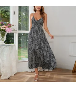 Dot Print Low Cut Backless Lace-Up Slip Swing Dress Wholesale Maxi Dresses SDN536185