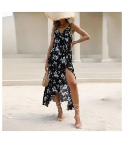 Sexy V-Neck Floral Suspenders Dress Slim High Slit A-Line Wholesale Dresses SDN561456