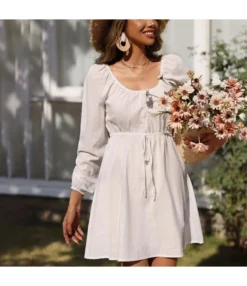 Casual Square Neck A-Line Dress Lace-Up Long Sleeve Solid Color Wholesale Dresses SDN561544