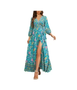 Lantern Long Sleeve Lace Up Maxi Dresses Wholesale Bohemian Dress For Women SDN536296