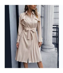 Trendy Long Sleeve Tie-Up Pleated Trench Coat Dress Wholesale Shirt Dresses SDN536044