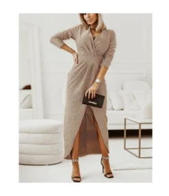 Shining Long Sleeve V-Neck Slit Sexy Wrap Prom Dress Wholesale Maxi Dresses SDN536263