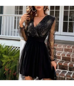 Mesh Lantern Long Sleeve Sexy Deep V Sequin Dress Wholesale Dresses SDN536449