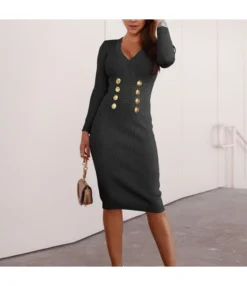 V-Neck Long Sleeve Double Breasted Slim Fit Knit Dress Wholesale Jersey Dresses SDN536459