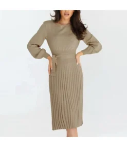 Long Sleeve Slim Fit Mid Length Pleated Knit Dress Wholesale Jersey Dresses SDN536458