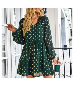 Polka Dot Long Sleeve Lace-Up Casual Loose Smocked Dress Wholesale Dresses SDN535295