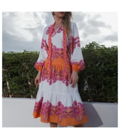 Casual Lace-Up Midi Dress High Waist Puff Long Sleeve Wholesale Dresses SDN561520