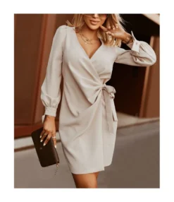 Sexy V Neck Lace-Up Mini Dress Puff Sleeve Solid Color Wholesale Dresses SDN561528