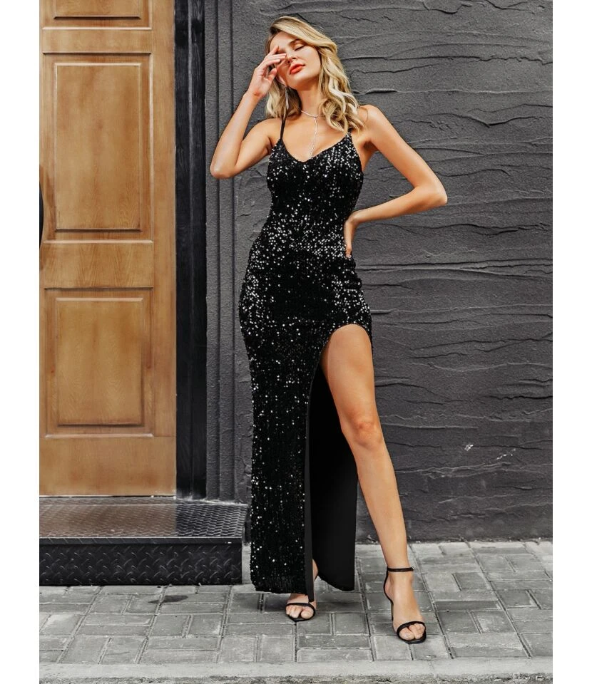 Elegant Sexy V-Neck Slip Sequin Maxi Slit Dress Evening Sleeveless Wholesale Dresses SDN562258 - Image 6