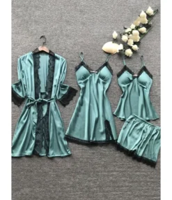 4 Pieces Lace Trim Satin Sleepwear Set Belted Kimono + Suspender Dress + Cami Top + Shorts