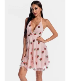 Deep V-neck Sequins Strawberry Embroidered Halter Dress