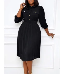 Single Breasted Solid Pleated Shirt Dress With Belt