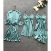 Four Pieces Lace Scallop Satin Pajama Set Kimono + Cami Dress + Camisole + Shorts
