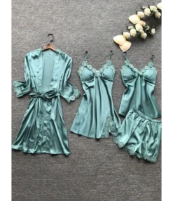 Four Pieces Lace Scallop Satin Pajama Set Kimono + Cami Dress + Camisole + Shorts