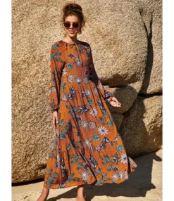Tied Round Neck Flower Print Maxi Dress