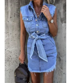 Curvy Fringe Hem Belted Denim Tank Dress