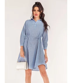 Rollable Sleeve Belted Stripe Shirt Dress