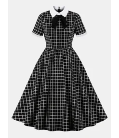 Vintage Bowknot Neck Plaid Swing Dress