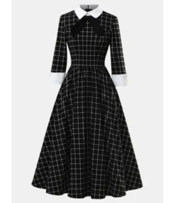 Half Sleeve Bow Trim Plaid Vintage Dress
