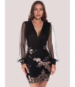 Mesh Sleeve V-neck Sequins Stitch Party Dress