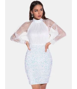 Mock Neck Mesh Patchwork Sequins Party Dress