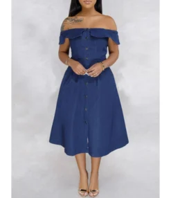 Single-breasted Off Shoulder Denim Swing Dress