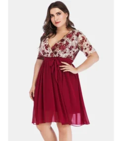 Plus Size V-neck Flower Embroidery Lace Stitched Belted Dress
