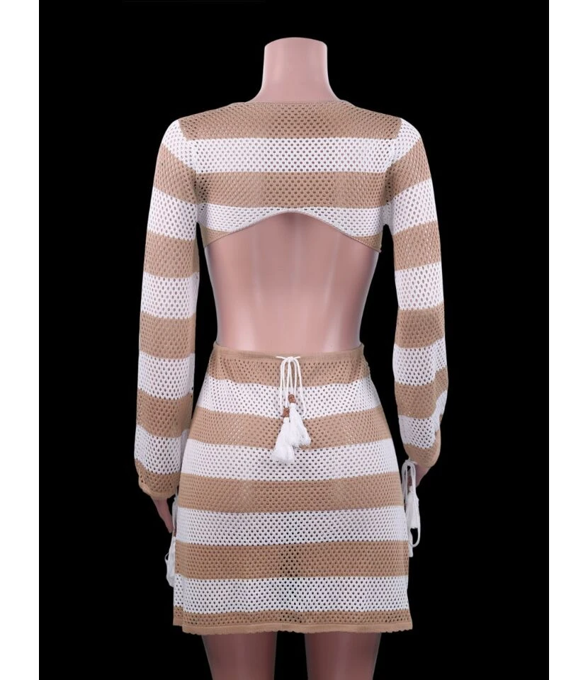 V-neck Cutout Stripe Knitted Beach Dress - Image 4