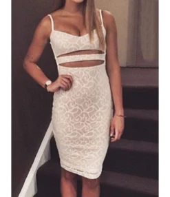 Pure Color Hollow Embroidery Mesh Lace Sling Bodycon Dress