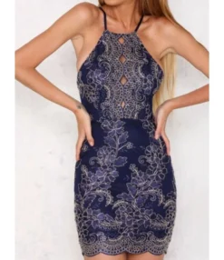 Sleeveless Back Crisscross Lettuce Trim Totem Print Stitching Lace Halter Dress