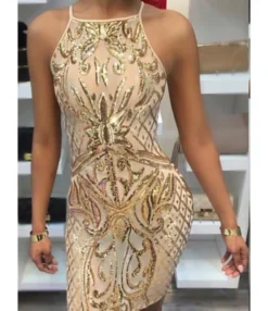 Sequin Detail Print Sling Bodycon Dress 210519047