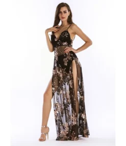 V Neck Backless Sheer Embroidery Mesh Sequins Decor Side Split Maxi Dress 210519488