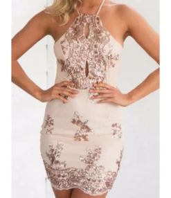 Halter Hollow Open Back Crisscoss Lace-up Sequin Dress 210519811