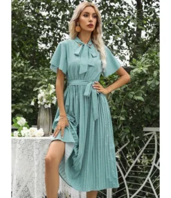 Flare Sleeve Drawstring Waist Lace-up Pleated Dress 210524249