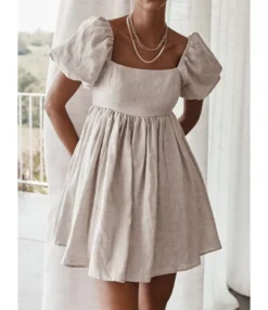 Square Collar Puffed Sleeves Plain Color Linen A-line Dress 210524703