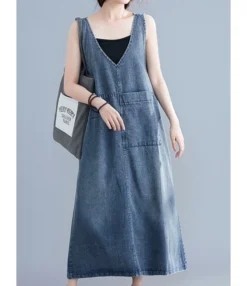 Oversize V-collar Solid Color Hem Split Pocket Denim Tank Dress 210528233