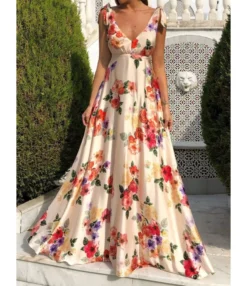 Tie Shoulder Backless Sleeveless Floral Print Cami Maxi-dress 210528410