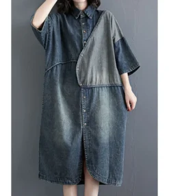 Colorblock Lapel Neck Single-breasted Stitching Oversize Denim Dress 210528496