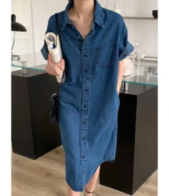 Lapel Neck Single Breasted Pocket Detail Denim T Shirt Dress Wholesale 210528617