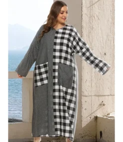 Plus Size Plaid Stitching Stripes Pocket Long Sleeve Maxi Dress 210531896