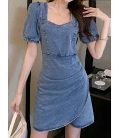 Square Collar Lantern Sleeve Elastic Cuff Surplice Bottom Denim Dress 210601521