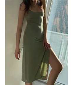 Solid Color Cross Back Tie Split Thigh Suspender Dress 210601805