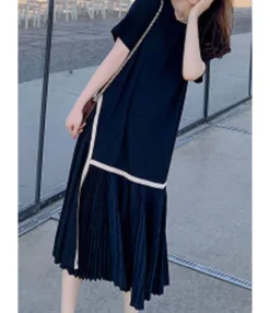 Plus Size Crew Neck Stitching Pleated Hem Chiffon Dress 210602597