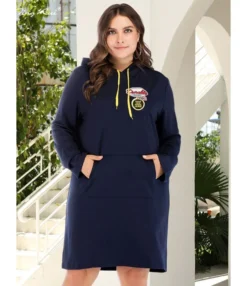 Plus Size Color Block Drawstring Pocket Detail Long Sleeves Hooded Dress 210621903