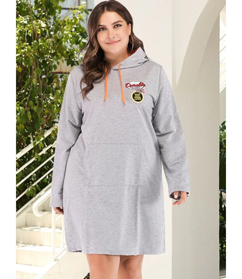 Plus Size Color Block Drawstring Pocket Detail Long Sleeves Hooded Dress 210621903 - Image 7