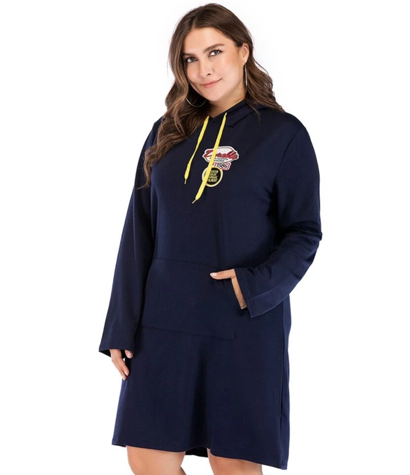 Plus Size Color Block Drawstring Pocket Detail Long Sleeves Hooded Dress 210621903 - Image 3