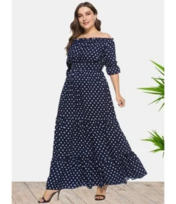 Plus Size Off Shoulder Ploka Dot Fungus Hem Maxi Dress 210722138