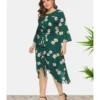 Plus Size Lace Floral Print Lace-up Waist Swing Dress 210722215