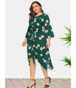 Plus Size Lace Floral Print Lace-up Waist Swing Dress 210722215